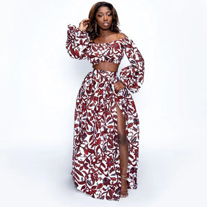 African Dresses for Women Autumn 2-piece Set Lady Full Sleeve Shoulder Off Dashiki Print Split Skirts